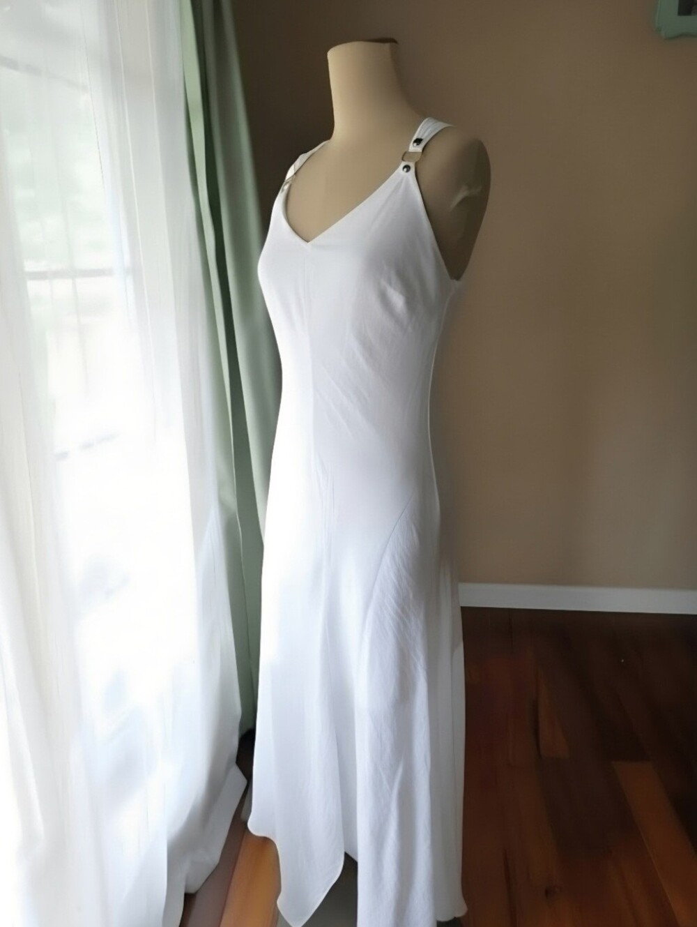 Joseph Ribkoff White Handkerchief Hem Midi Dress Size 10 Silver Ring Accents